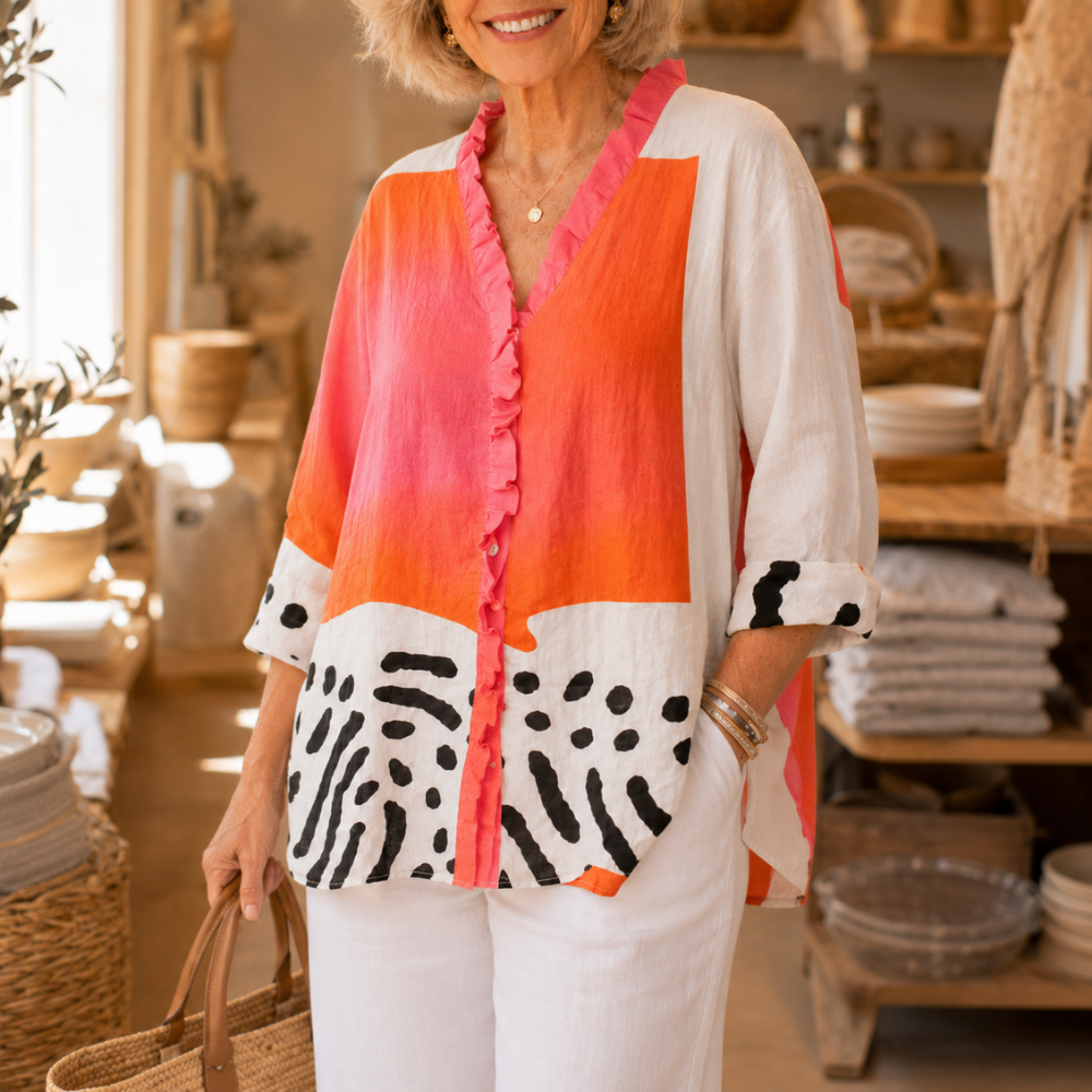 Emma – Ruffle Front V Neck Artistic Print Tunic Blouse for Women