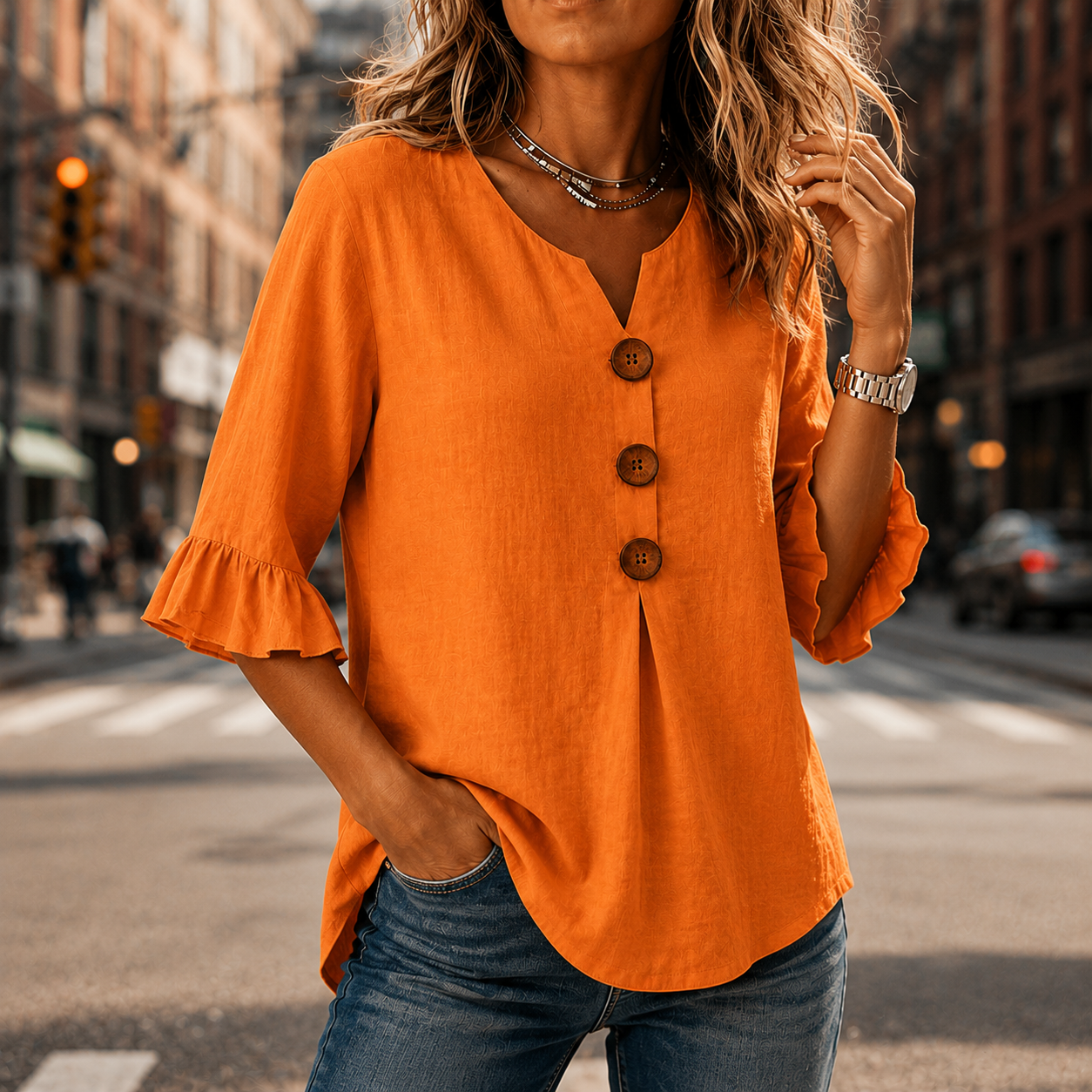 Laurelle – V-Neck Ruffle Sleeve Blouse with Buttons