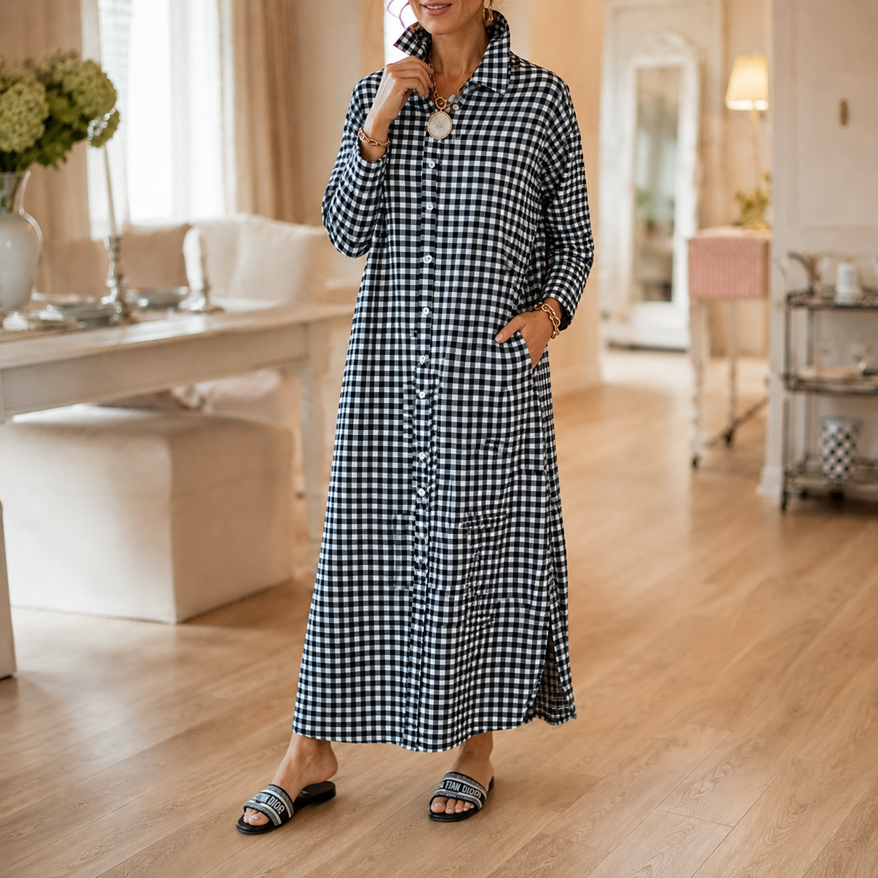Harlowe – Gingham Button-Front Maxi Shirt Dress with Side Slits