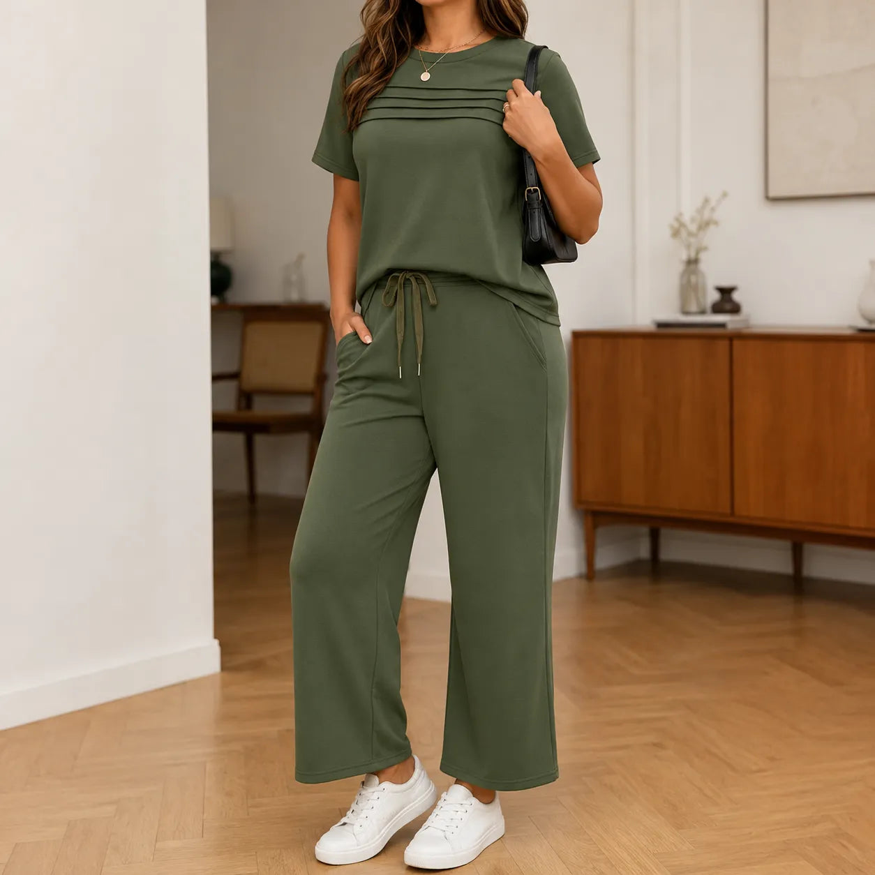 Lounella – Women's Pintucked Lounge Set with Wide-Leg Pants and Pockets