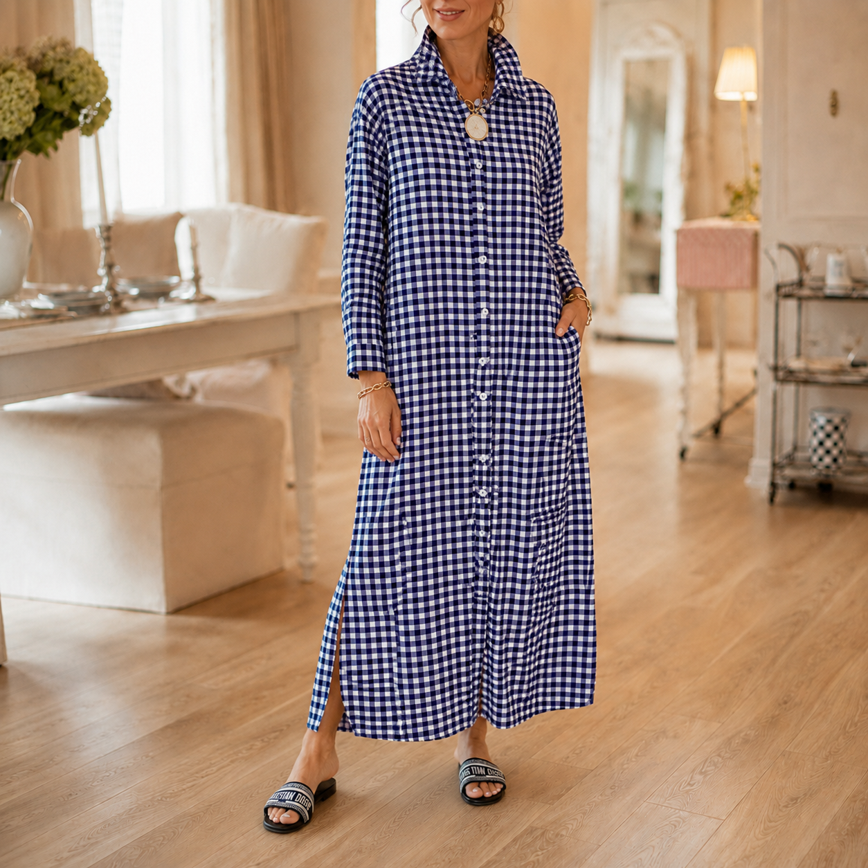 Harlowe – Gingham Button-Front Maxi Shirt Dress with Side Slits