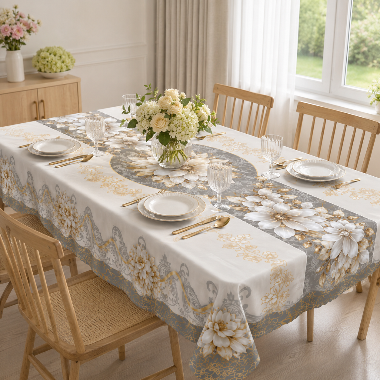 Florenza – Embossed Floral Waterproof Tablecloth for Round & Rectangular Tables