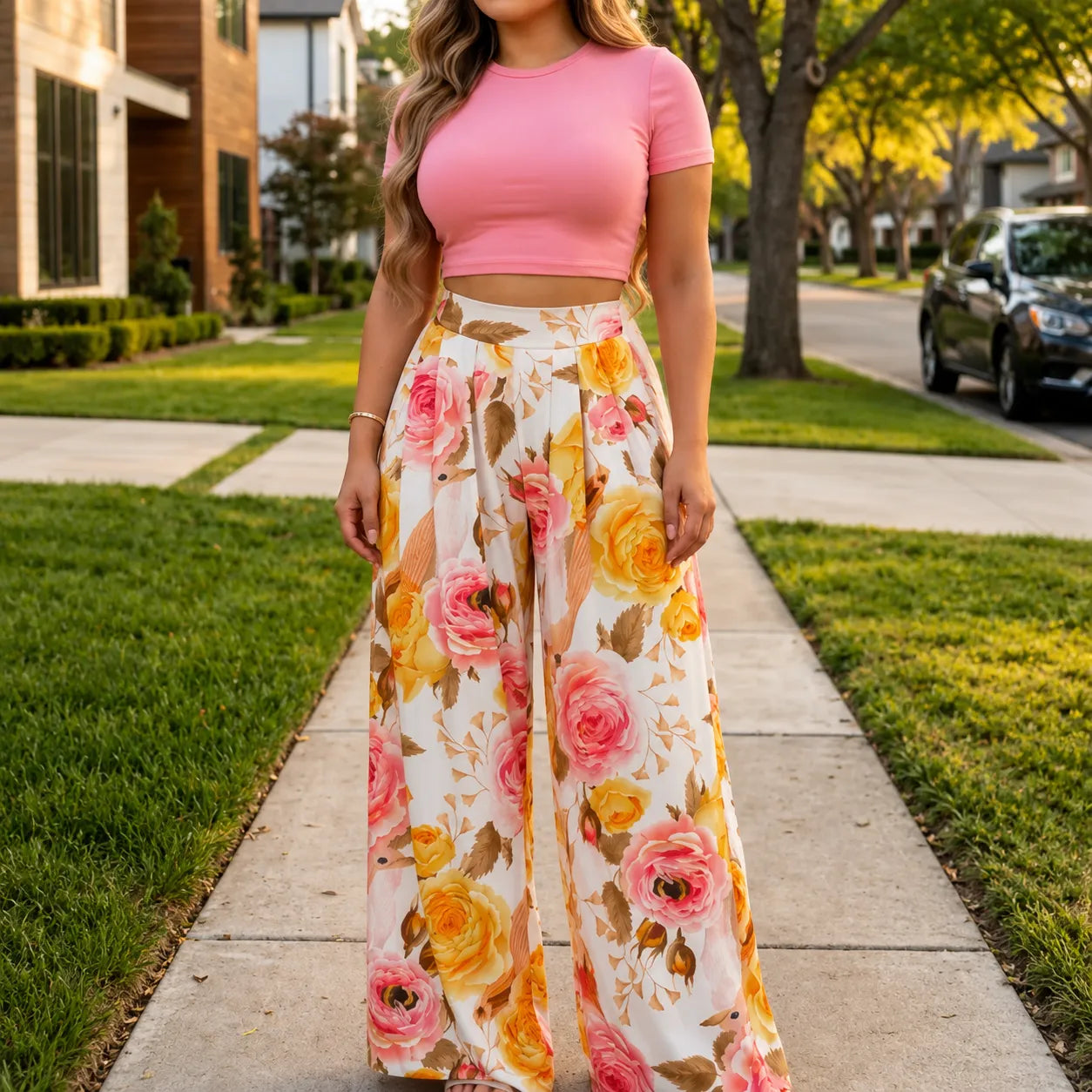 Florenza – Fitted Crop Top & Wide Leg Pants Two Piece Set for Women