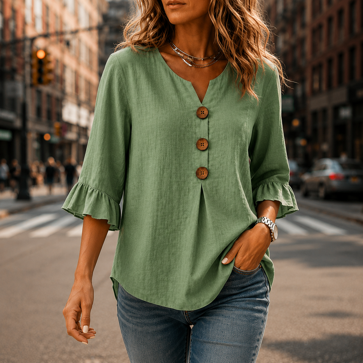 Laurelle – V-Neck Ruffle Sleeve Blouse with Buttons