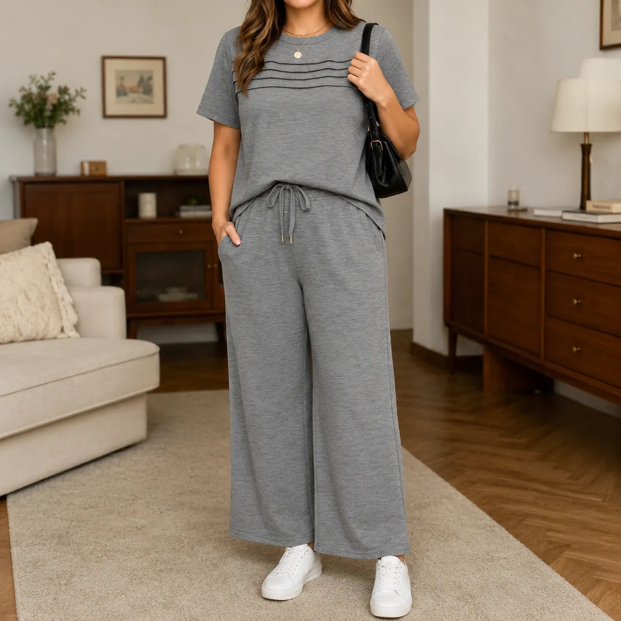 Lounella – Women's Pintucked Lounge Set with Wide-Leg Pants and Pockets