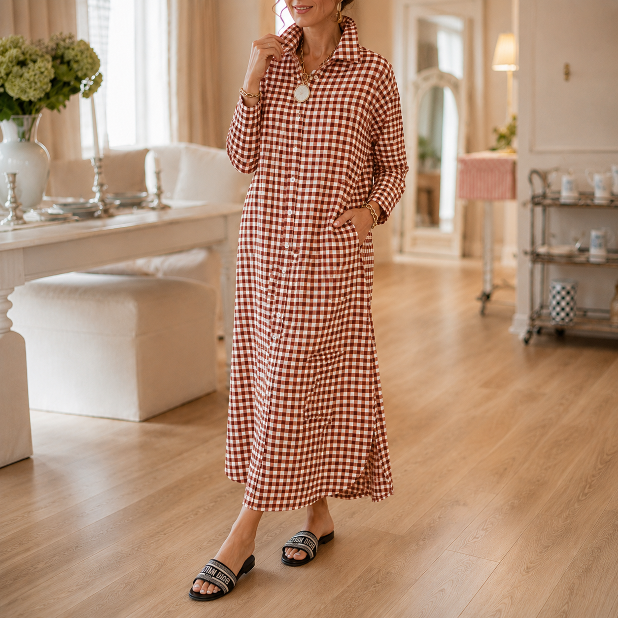 Harlowe – Gingham Button-Front Maxi Shirt Dress with Side Slits