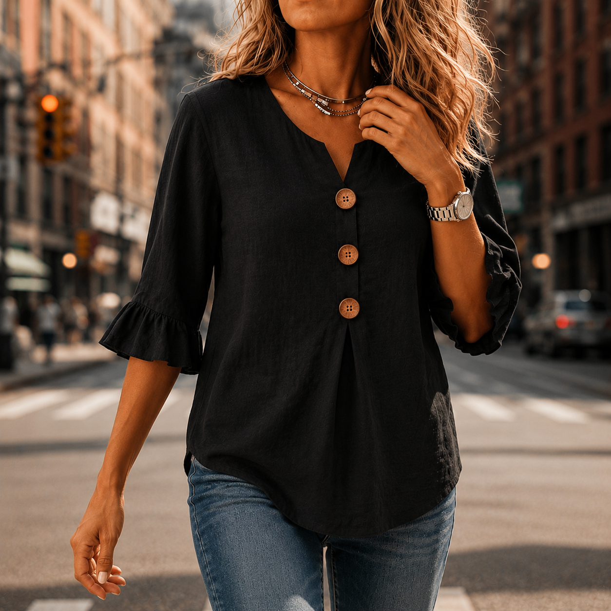 Laurelle – V-Neck Ruffle Sleeve Blouse with Buttons