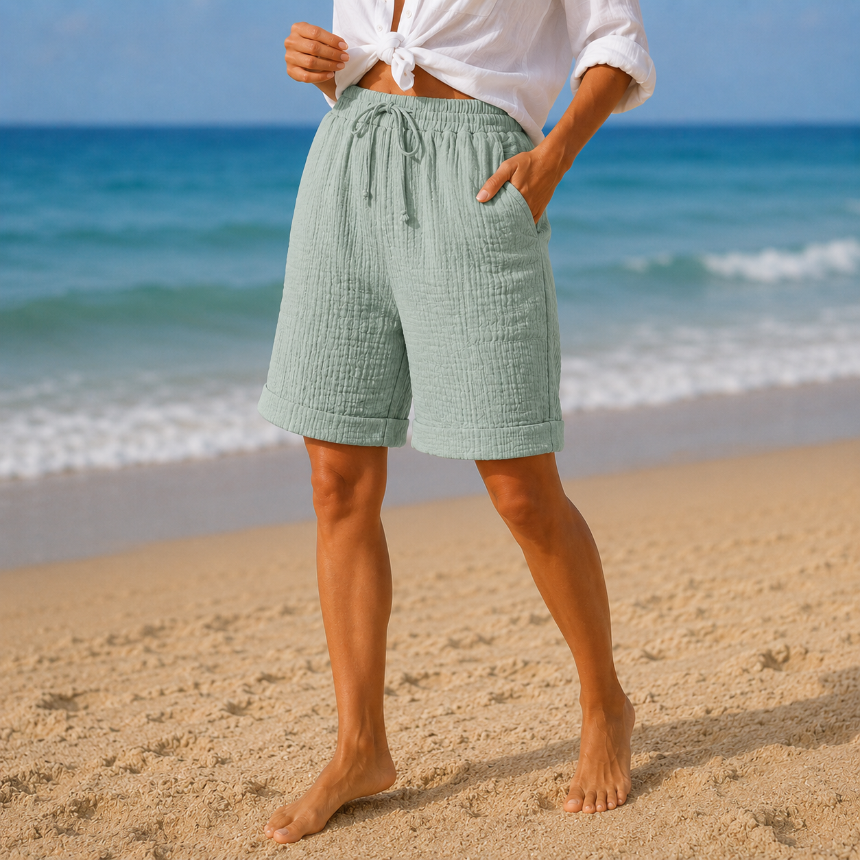 Brisella – Crinkle Bermuda Shorts with Drawstring Waist and Pockets