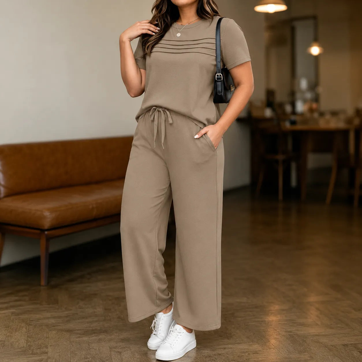Lounella – Women's Pintucked Lounge Set with Wide-Leg Pants and Pockets