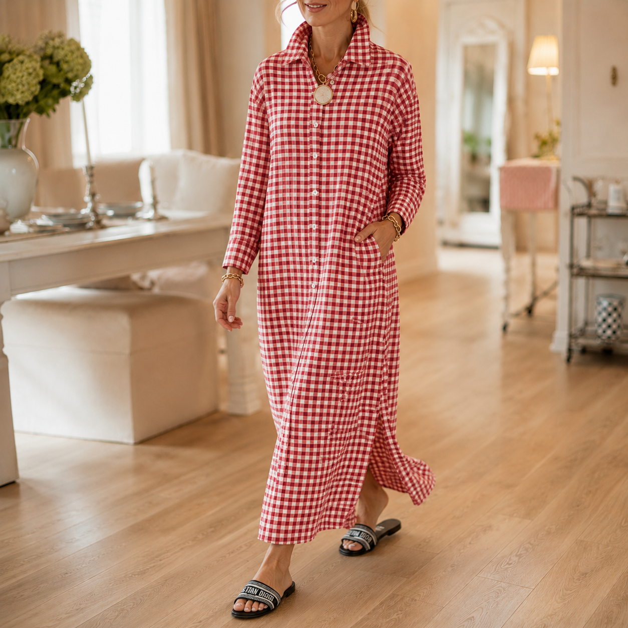 Harlowe – Gingham Button-Front Maxi Shirt Dress with Side Slits