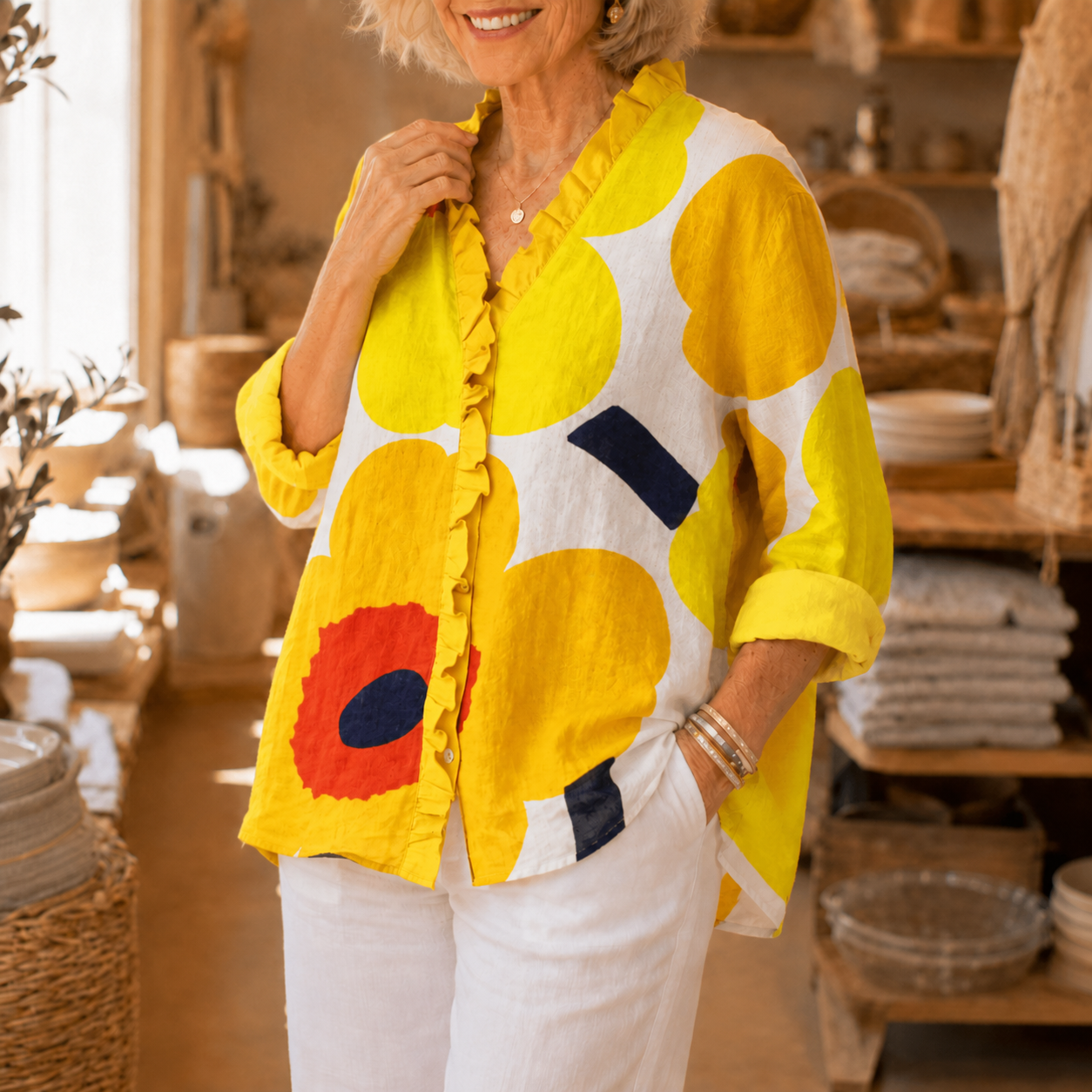Emma – Ruffle Front V Neck Artistic Print Tunic Blouse for Women