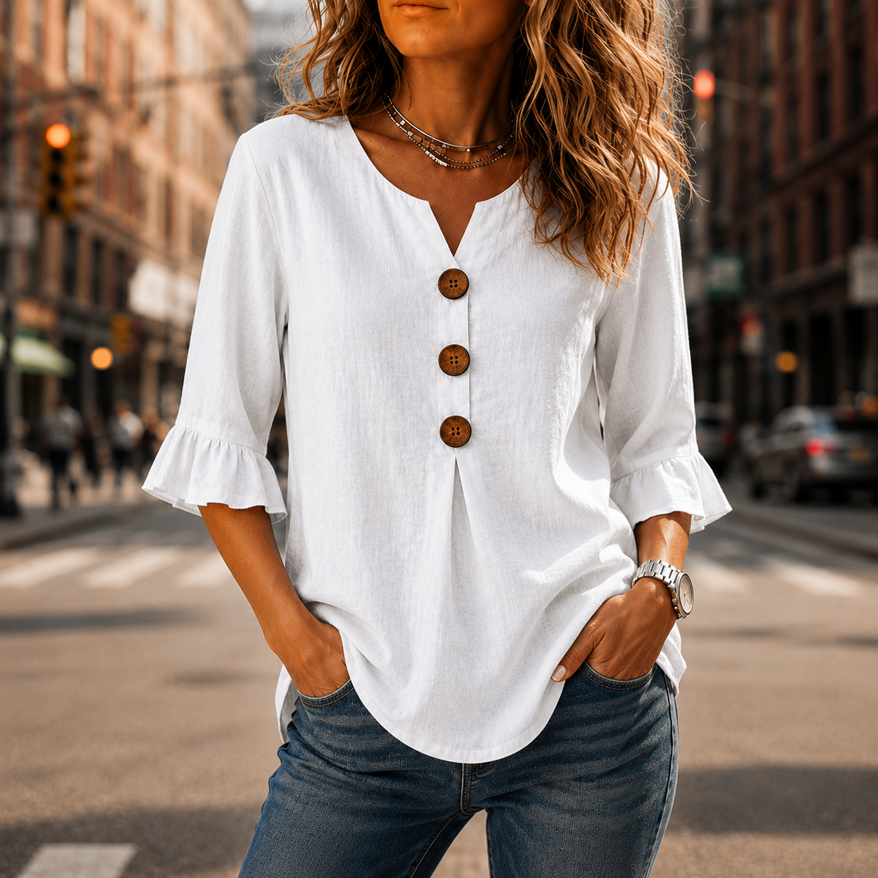 Laurelle – V-Neck Ruffle Sleeve Blouse with Buttons
