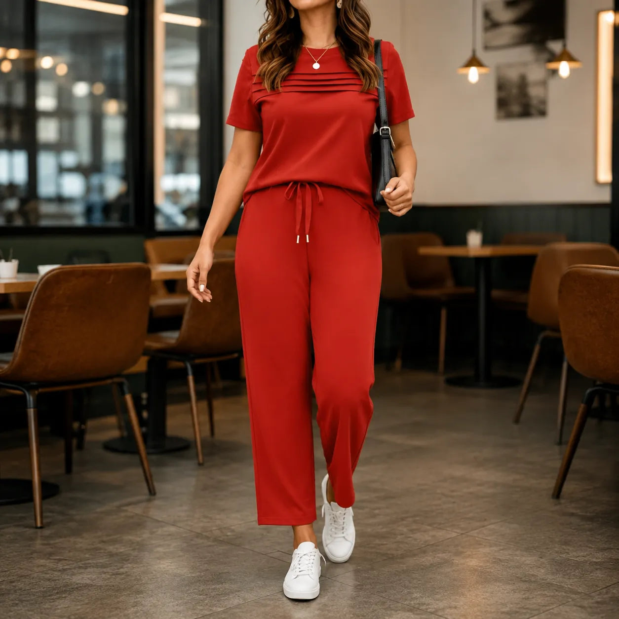 Lounella – Women's Pintucked Lounge Set with Wide-Leg Pants and Pockets
