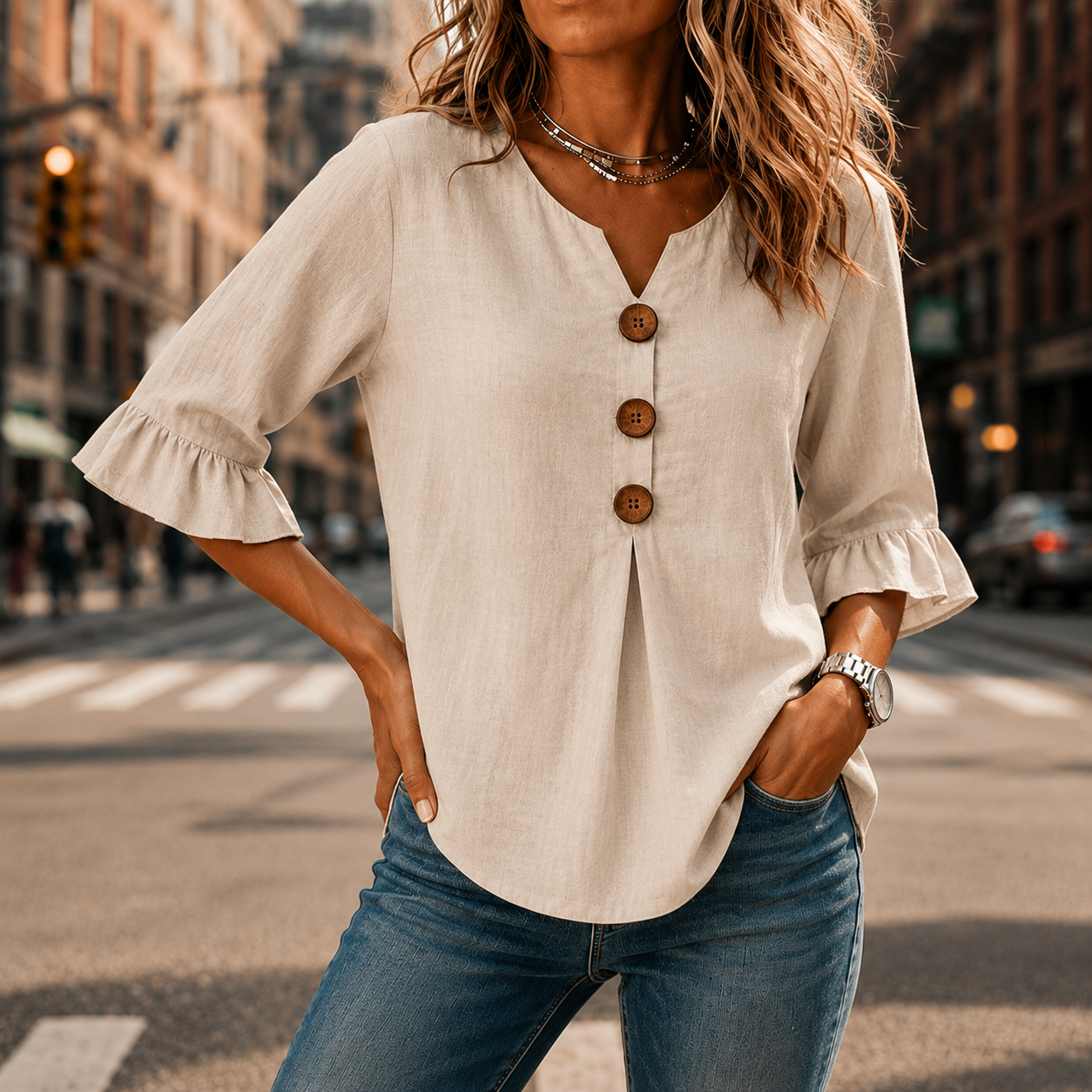 Laurelle – V-Neck Ruffle Sleeve Blouse with Buttons