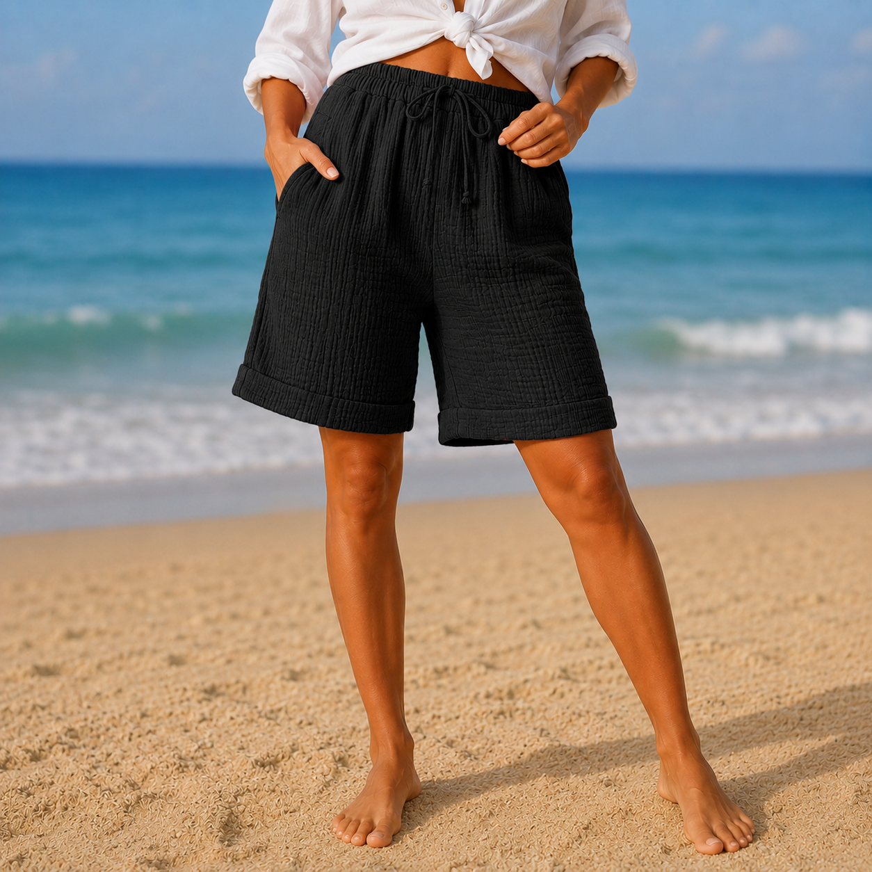 Brisella – Crinkle Bermuda Shorts with Drawstring Waist and Pockets