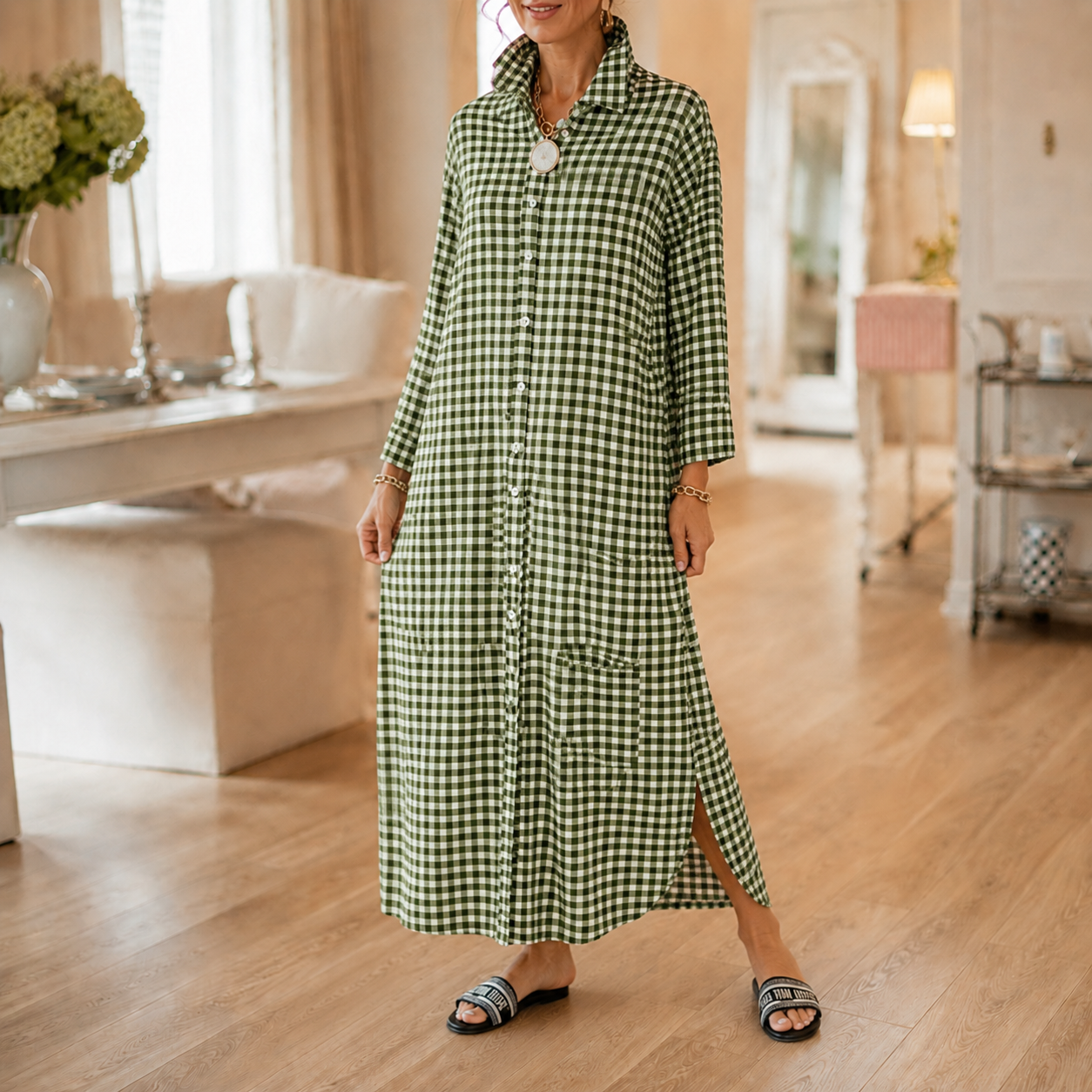 Harlowe – Gingham Button-Front Maxi Shirt Dress with Side Slits