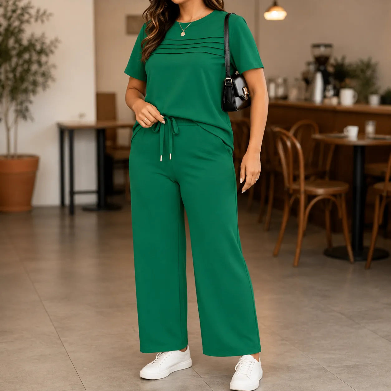 Lounella – Women's Pintucked Lounge Set with Wide-Leg Pants and Pockets
