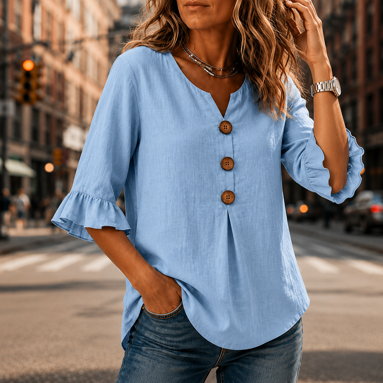 Laurelle – V-Neck Ruffle Sleeve Blouse with Buttons