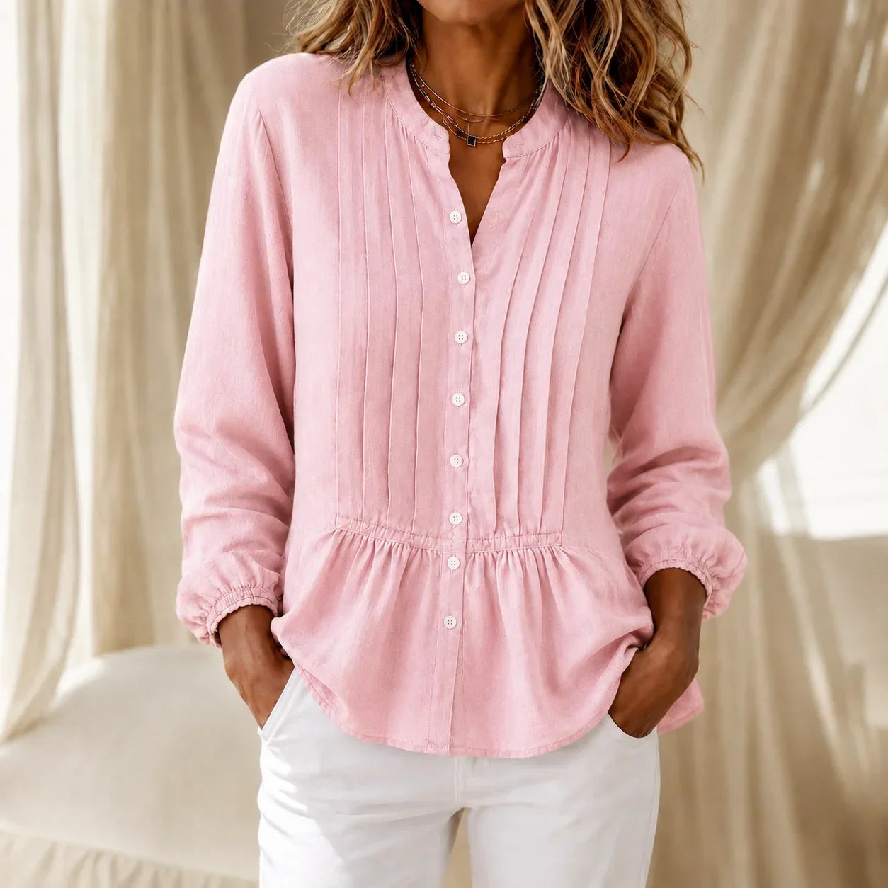 Lunavelle – Pintuck Peplum Button-Up Blouse