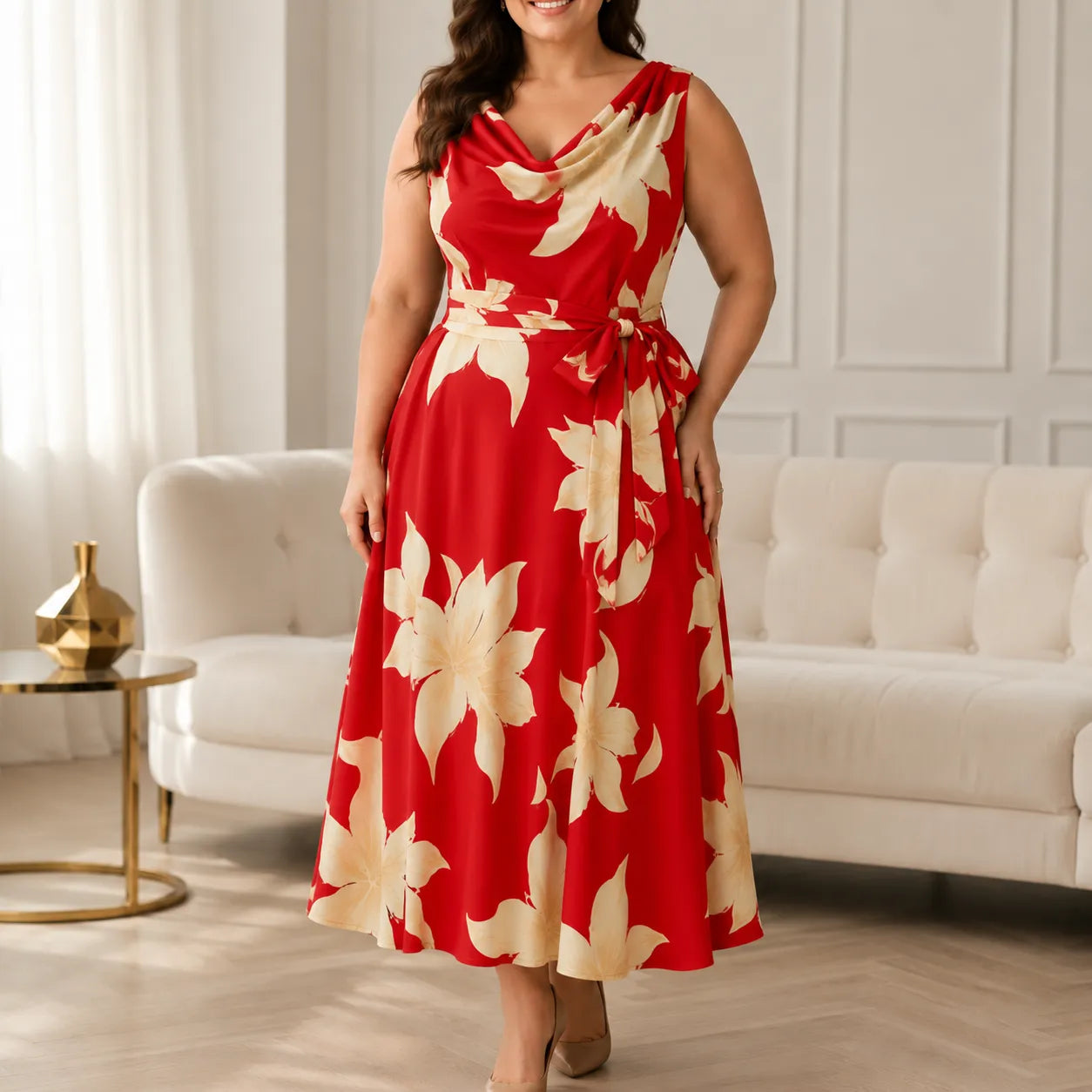 Florenza – Floral Cowl-Neck Midi Dress with Tie Waist, A-Line, Sleeveless