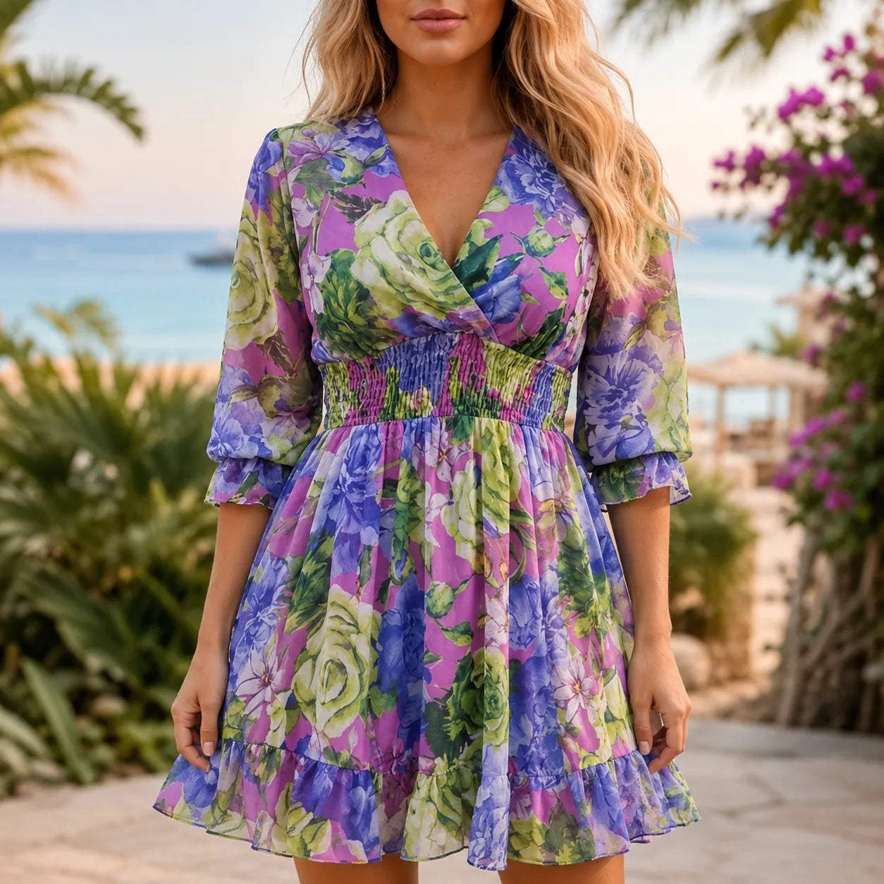 Floriana – Floral V-Neck Smocked Waist Mini Dress with Ruffle Hem