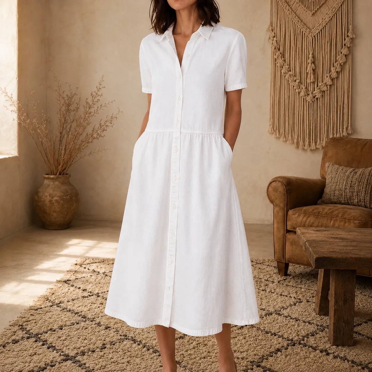 Everly – Shirt Dress with Pockets A-Line Midi Button Front