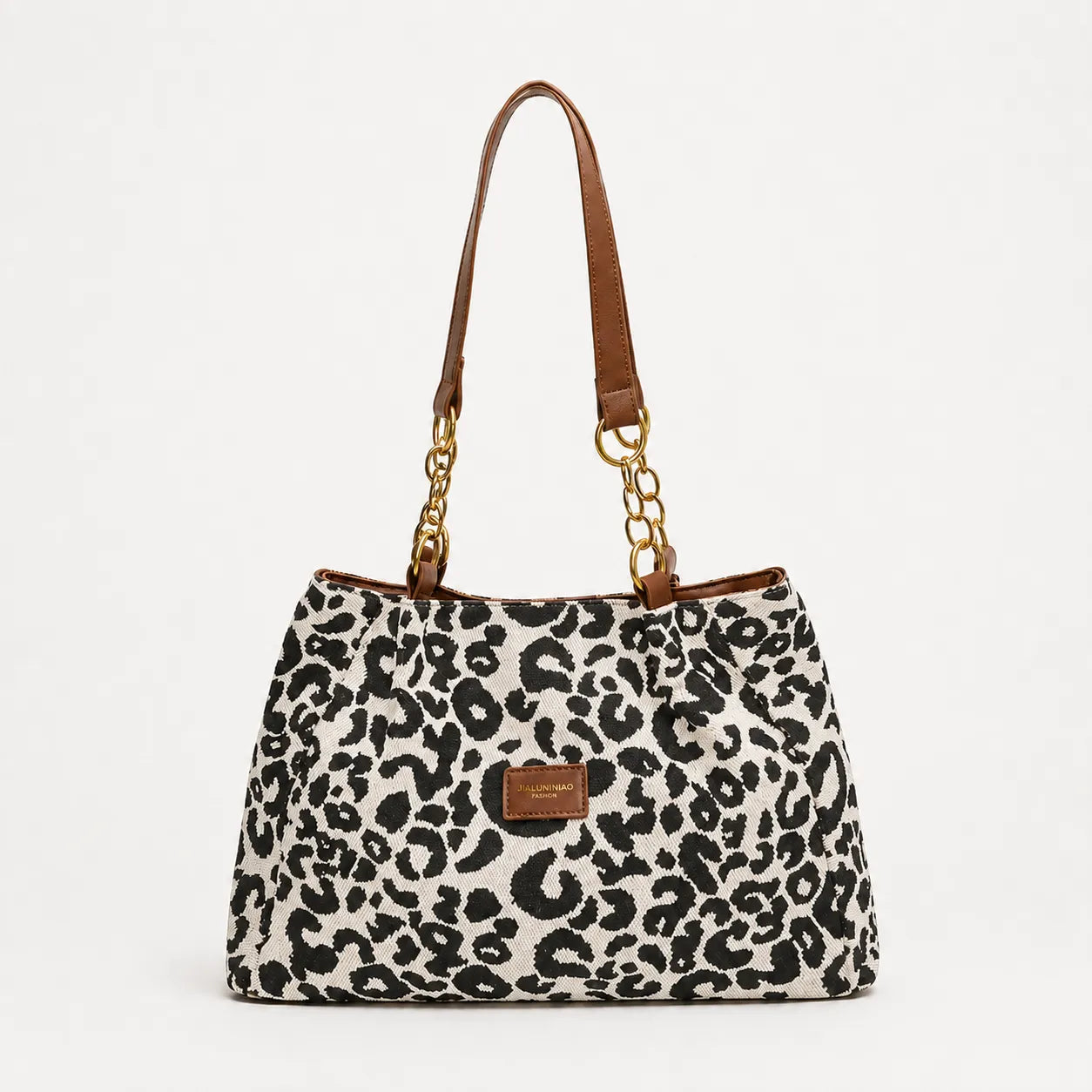 Florella – Woven Leopard Print Tote Bag with Leather Trim and Gold Chain