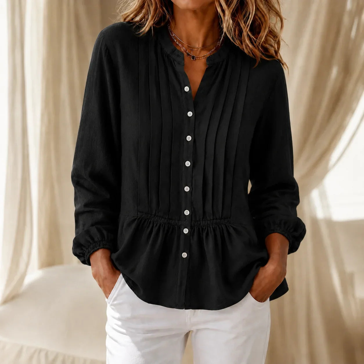 Lunavelle – Pintuck Peplum Button-Up Blouse