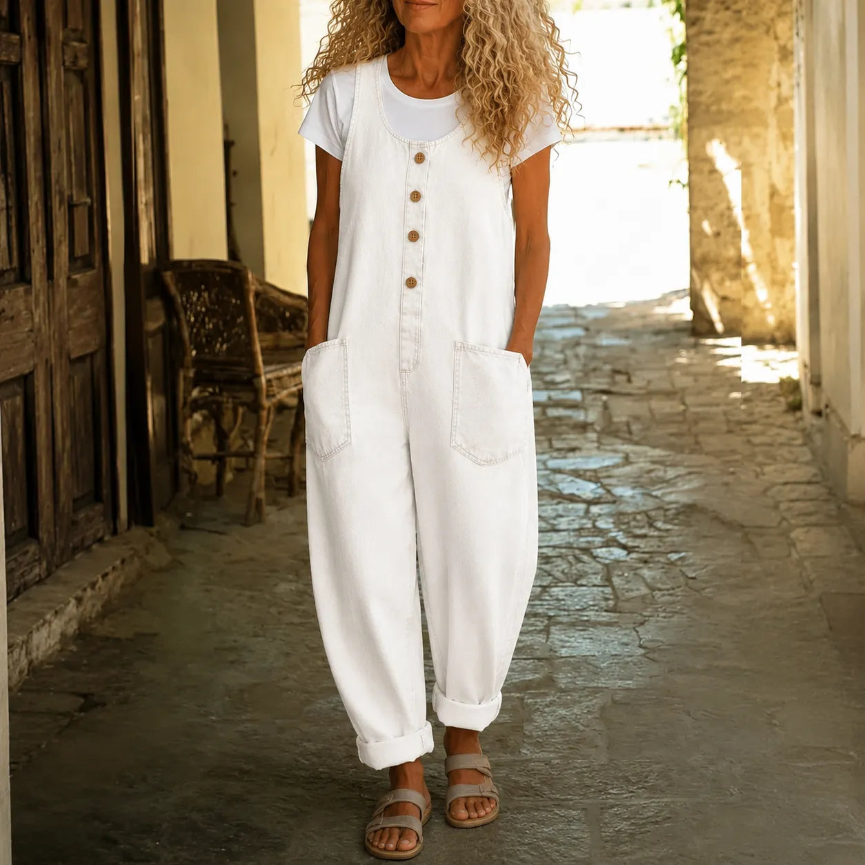 Lora – Vintage Overalls with Button Front and Patch Pockets