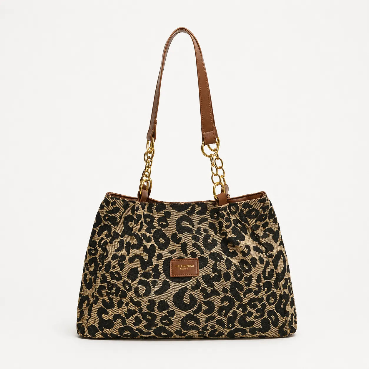 Florella – Woven Leopard Print Tote Bag with Leather Trim and Gold Chain