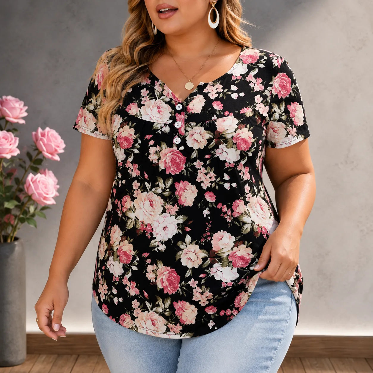 Florenza – Women's Floral Pleated Henley Tunic Top, Flowy Short Sleeve V-Neck Button Up Shirt for Jeans