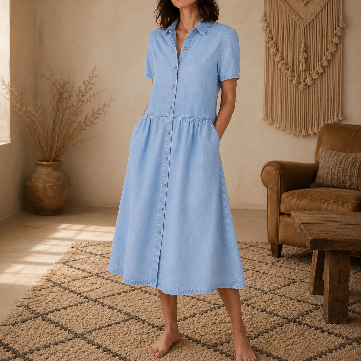 Everly – Shirt Dress with Pockets A-Line Midi Button Front