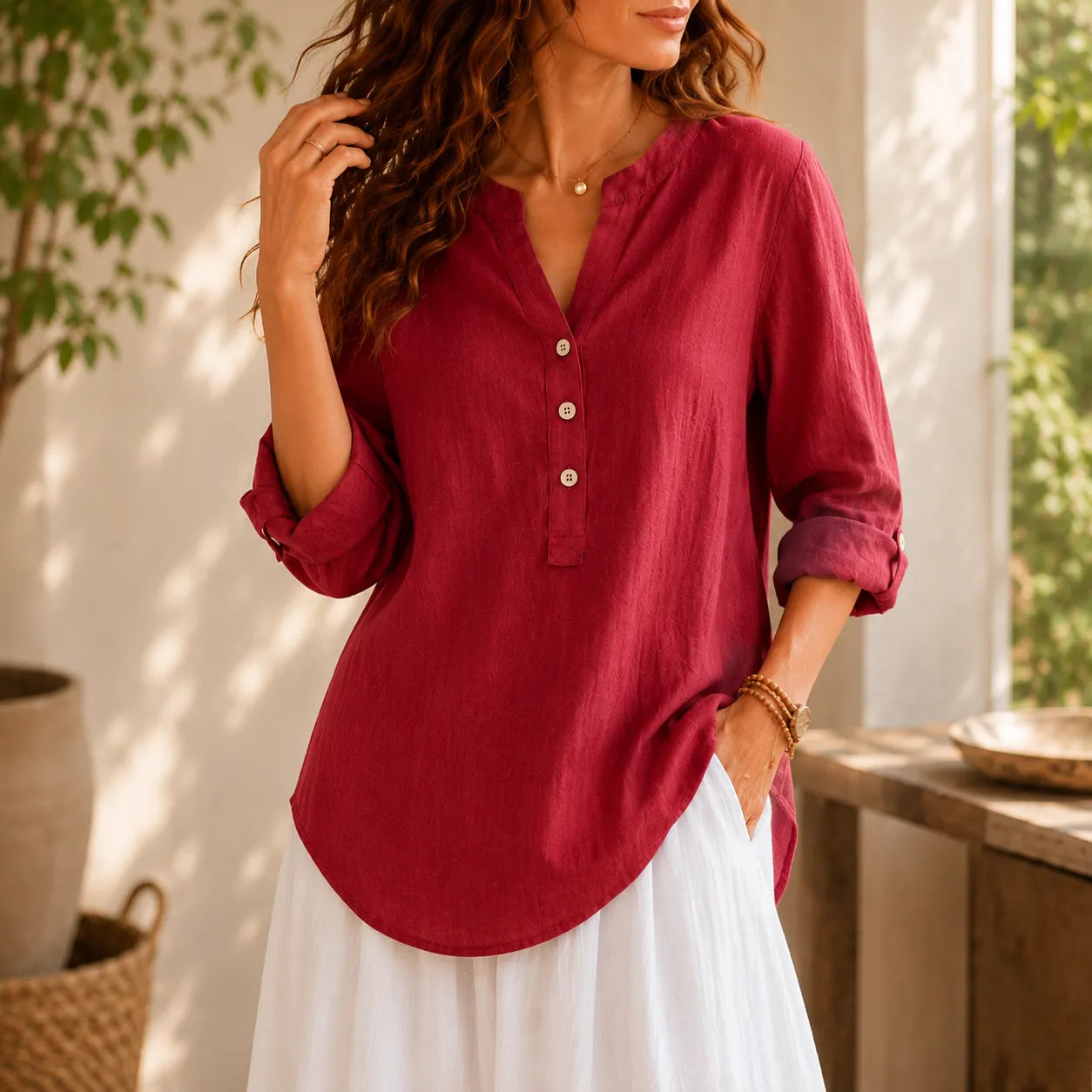 Amberlys – Airy Blouse with V-Neck and Buttons