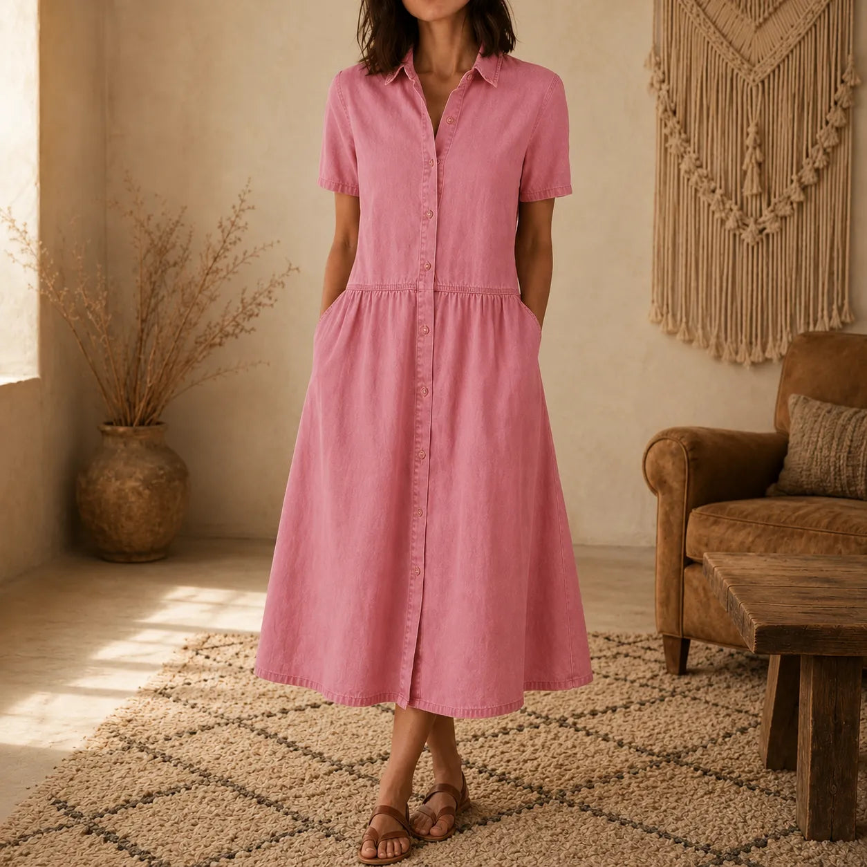 Everly – Shirt Dress with Pockets A-Line Midi Button Front