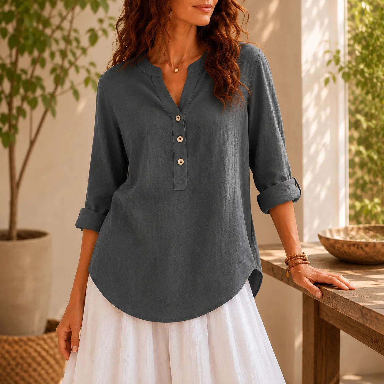 Amberlys – Airy Blouse with V-Neck and Buttons