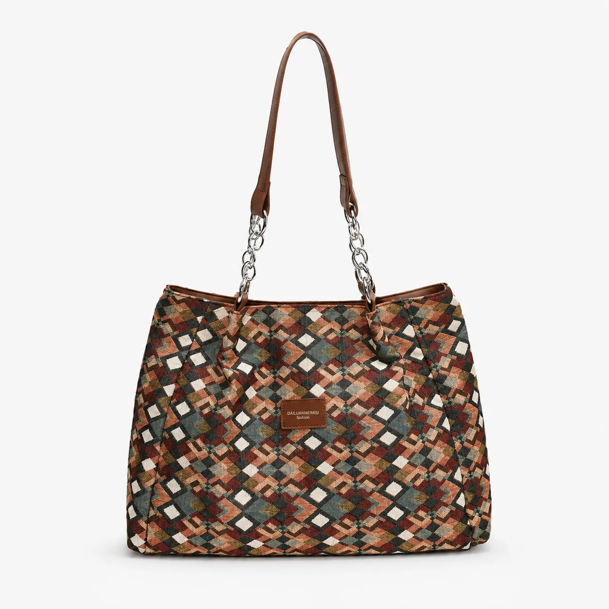 Florella – Woven Leopard Print Tote Bag with Leather Trim and Gold Chain