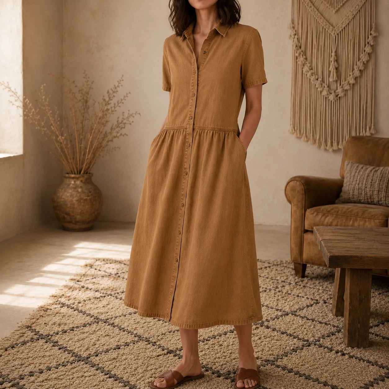 Everly – Shirt Dress with Pockets A-Line Midi Button Front