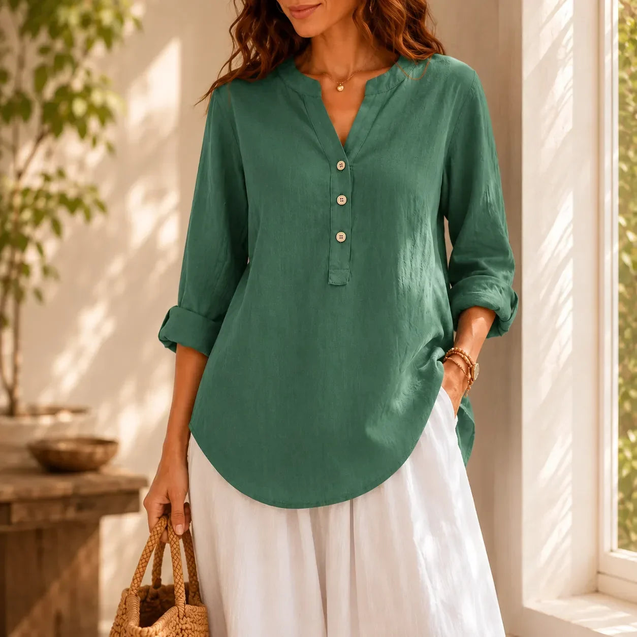 Amberlys – Airy Blouse with V-Neck and Buttons