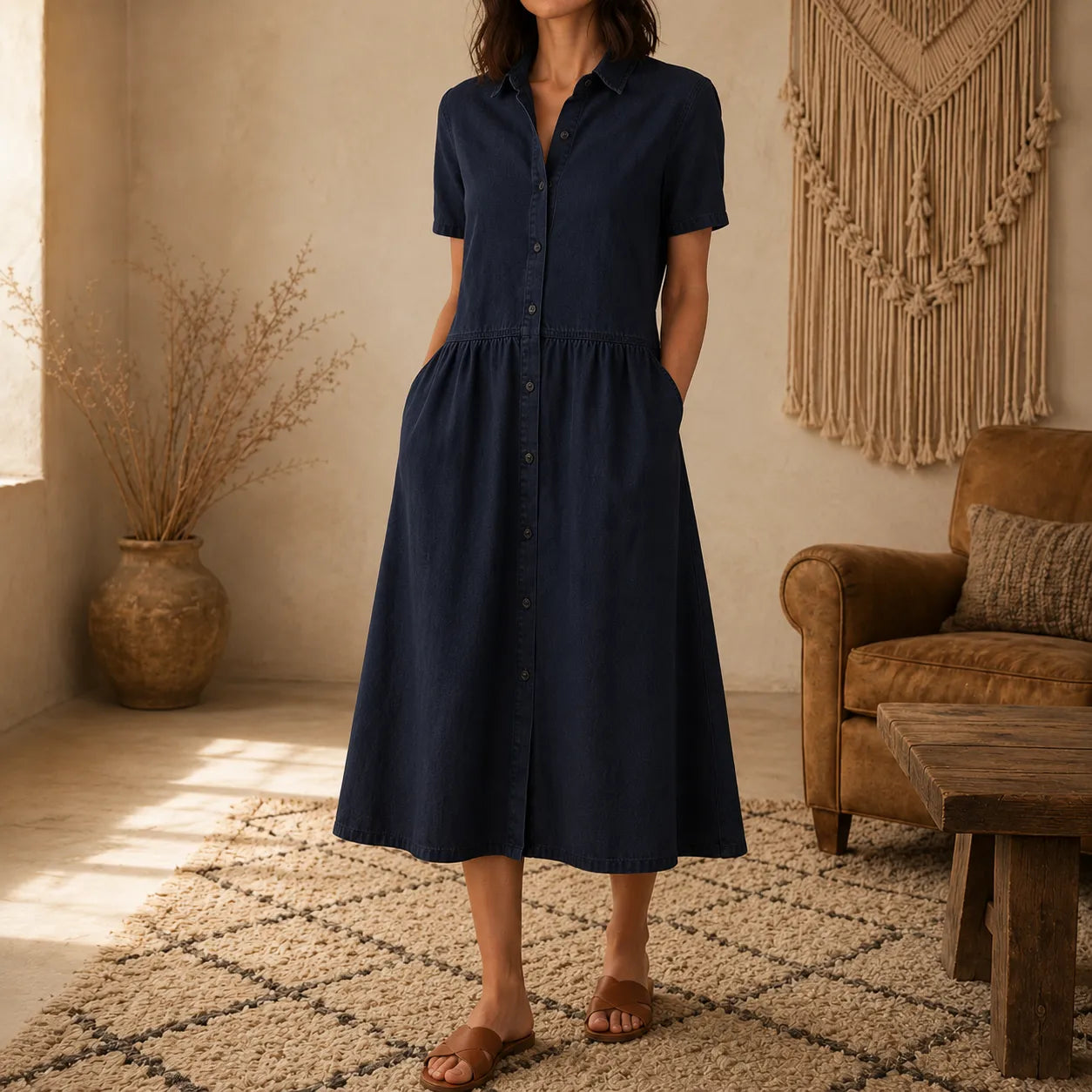 Everly – Shirt Dress with Pockets A-Line Midi Button Front