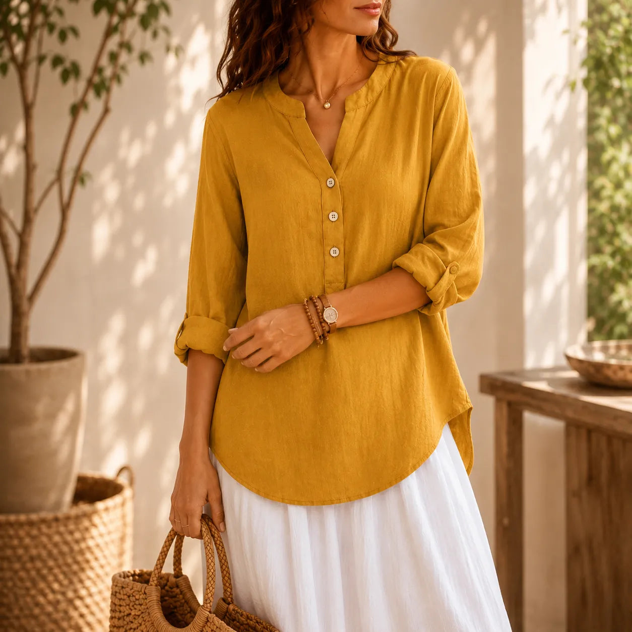 Amberlys – Airy Blouse with V-Neck and Buttons