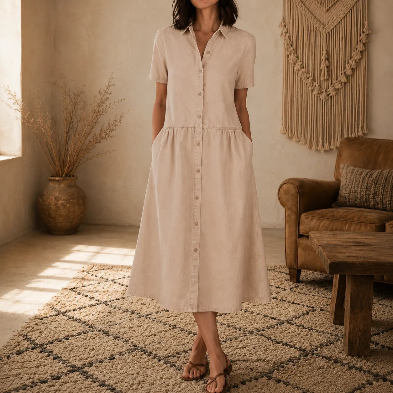 Everly – Shirt Dress with Pockets A-Line Midi Button Front