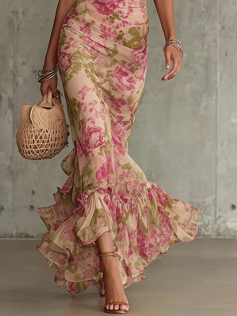 Fiora™ | Long Dress with Vintage Rose Print & Puff Sleeves