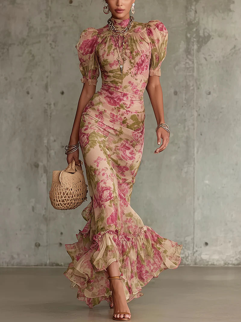 Fiora™ | Long Dress with Vintage Rose Print & Puff Sleeves