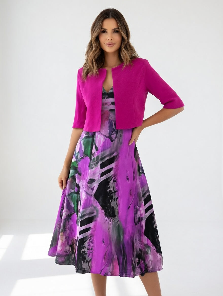 Fluid Midi Dress with Bolero - Elegant Artistic Print