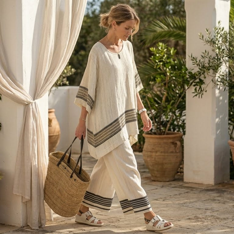 Mariella – Elegant Ensemble: Black Striped Top and Flowing Pants