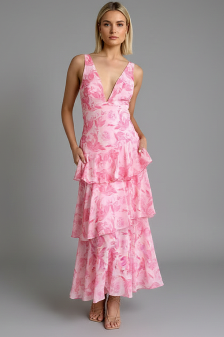 Gabriella | Women’s V-Neck Tiered Skirt Maxi Dress