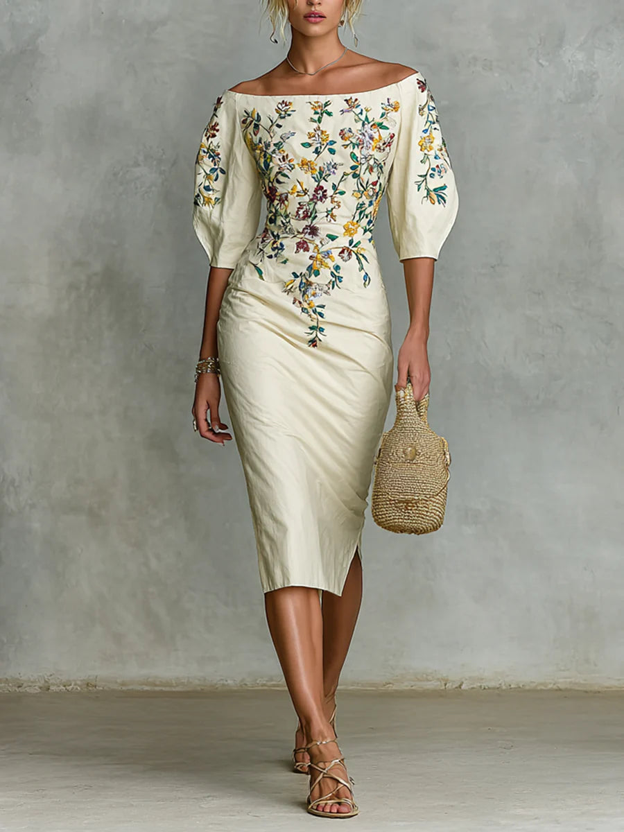 Floral Dress with Off-Shoulder and Elegant Design