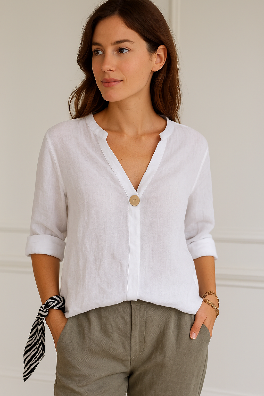 Gabrielle | Women’s V-Neck Button Detail Relaxed Blouse