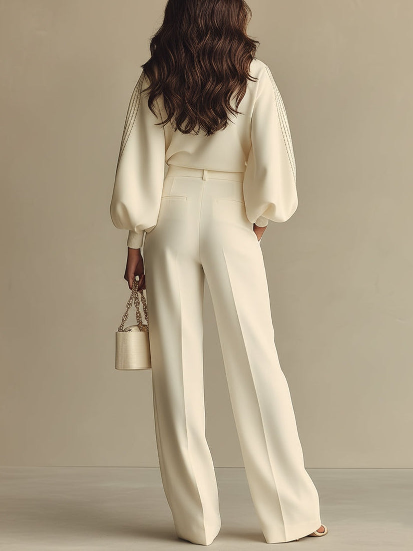Isa | Ivory Crew Neck Top And High-waisted Wide-leg Pants Set