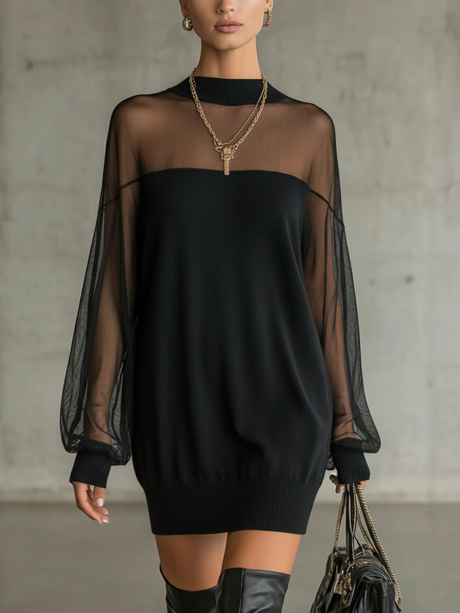 Daisy | Black Mesh Sleeve High‑Neck Midi Dress